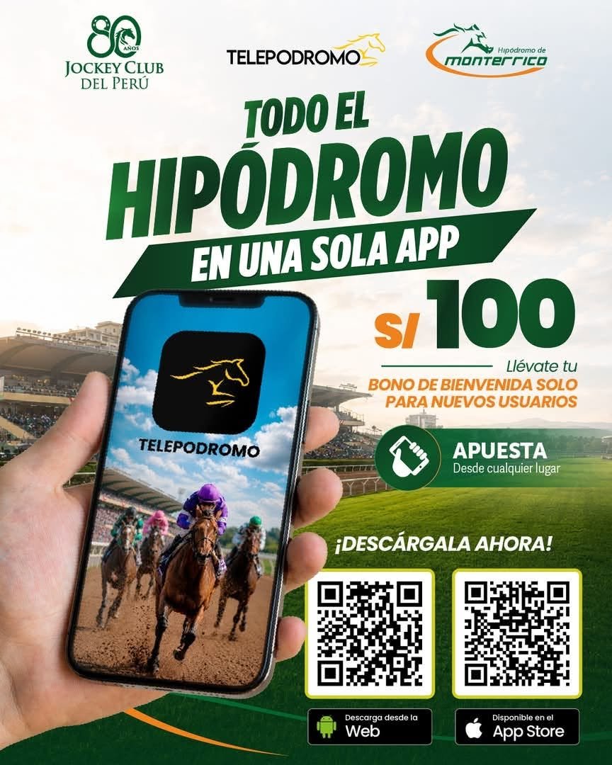 Jockey Club del Perú: Telepódromo, todo el hipódromo en una sola app. Apuesta desde cualquier lugar. Bono de bienvenida de S/ 100 solo para usuarios nuevos. Descárgala para Android desde la web o en la App Store.